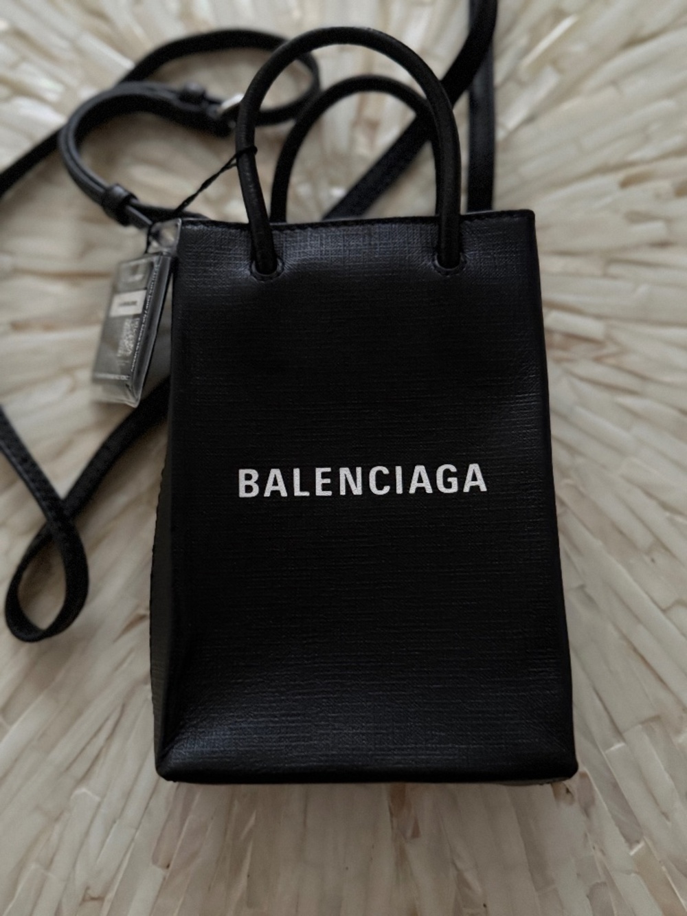 Balenciaga Shopping Phone Holder Black Leather Crossbody Bag Authentic